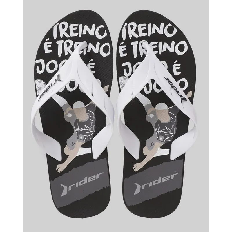Chinelo Rider Masculino Frase Futebol Branco e Preto 37/38