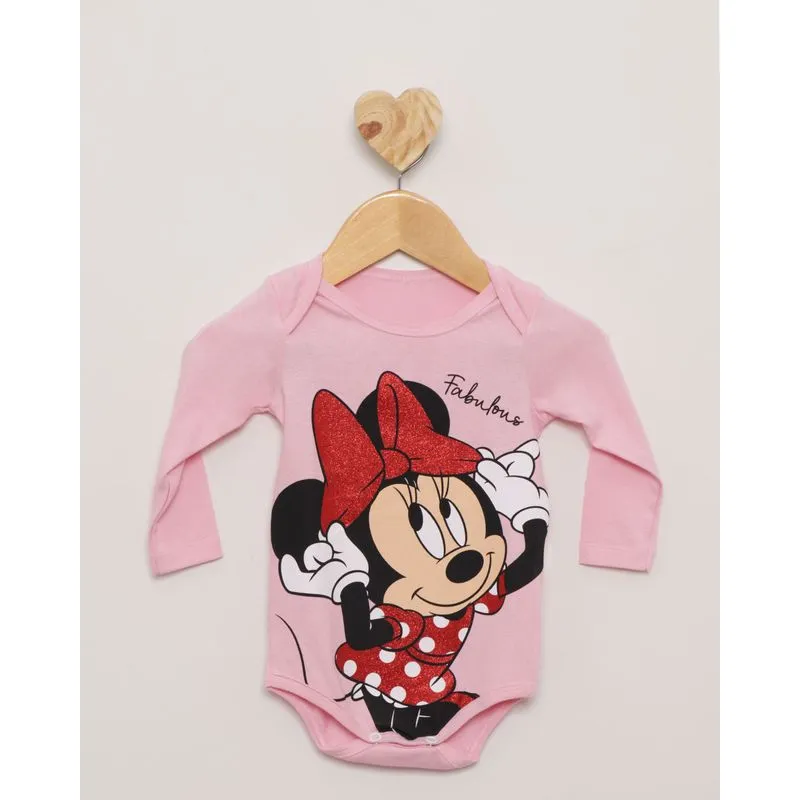 Body Bebê Manga Longa Estampa Minnie Disney Rosa M