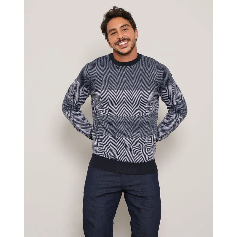 Suéter Tricô Masculino Gola Redonda Com Faixa Marinho P