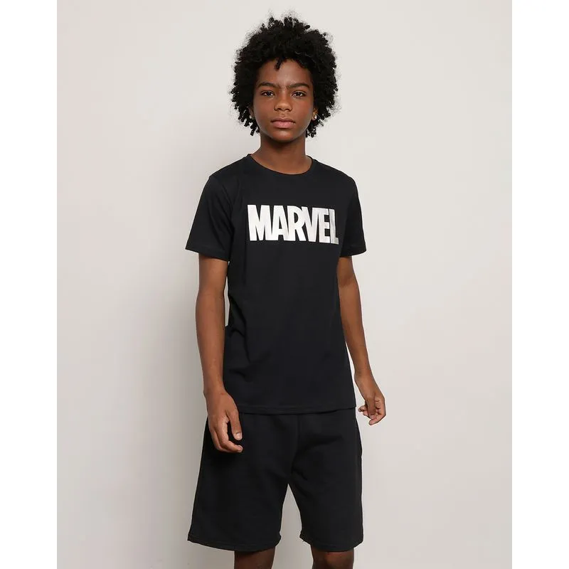 Camiseta Juvenil Estampa Foil Marvel Manga Curta Preta 10