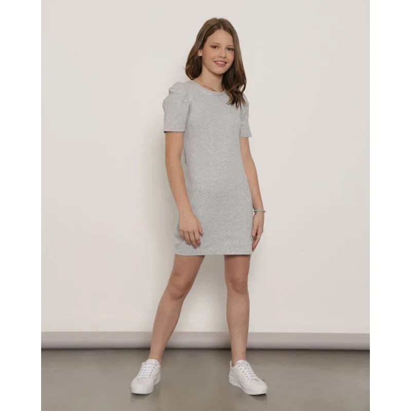 Vestido Juvenil Manga Curta Bufante Malha Canelada Cinza 12