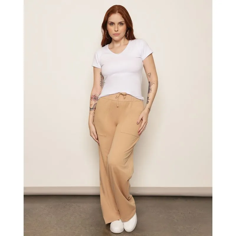 Calça Feminina Moletinho Wide Leg Bege G