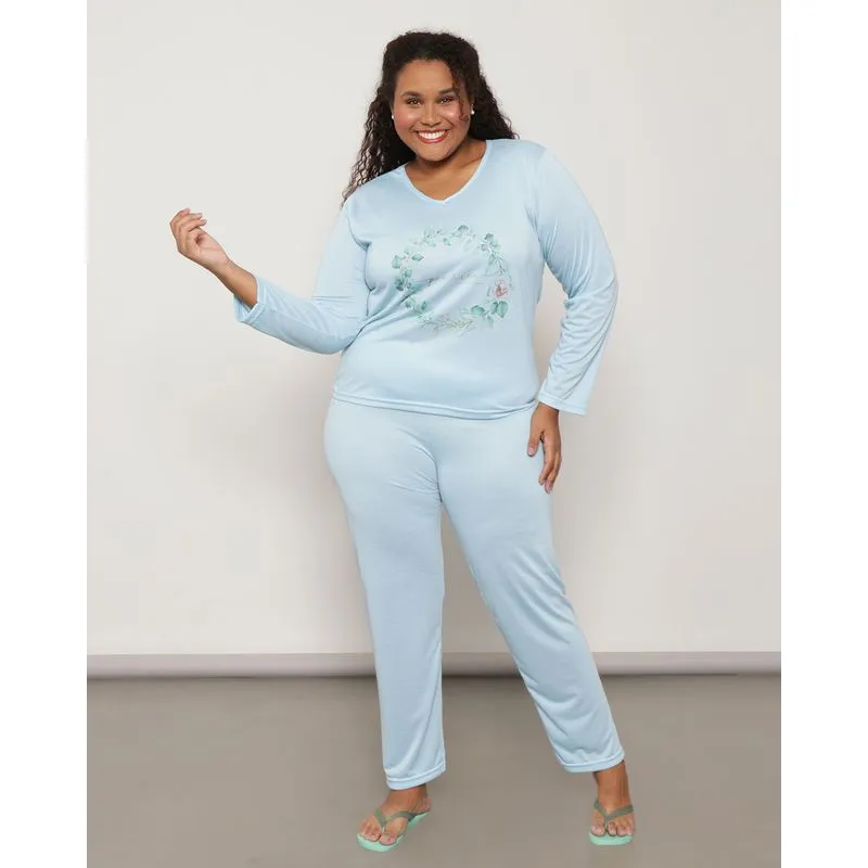Pijama Feminino Plus Size Longo Estampa Floral Azul 52
