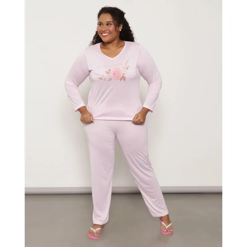 Pijama Feminino Plus Size Longo Estampa Floral Rosa 50