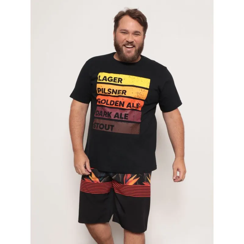 Camiseta Masculina Plus Size Estampada Preta G1