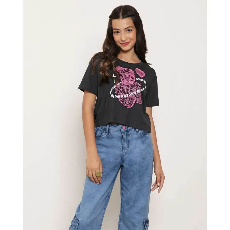 Blusa Juvenil Estampa Ursinho Manga Curta Preta 10