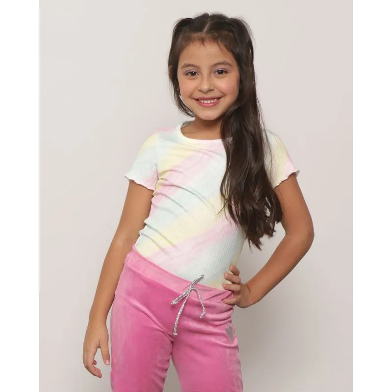 Blusa Infantil Manga Curta Listras Coloridas Frufru Rosa 6