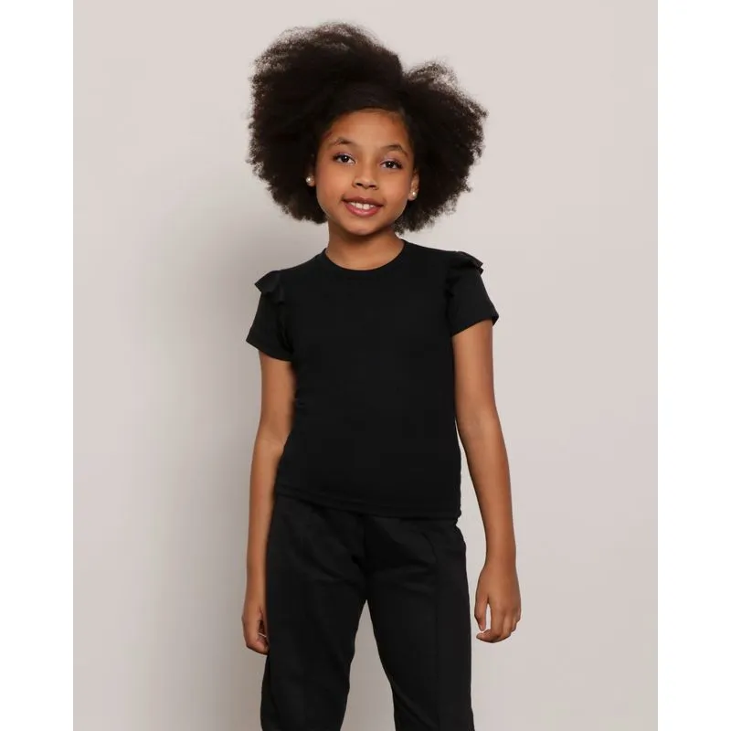 Blusa Infantil Manga Curta Canelada Babado Preto 6