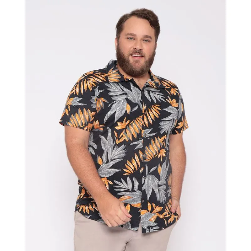 Camisa Masculina Plus Size Folhagem Preta G1
