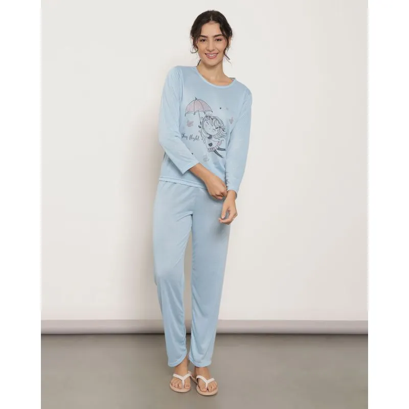 Pijama Feminino Longo Estampado Azul Claro P