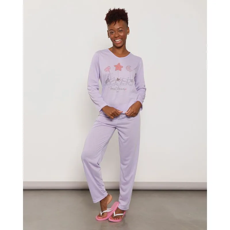 Pijama Feminino Manga Longa Estampa Pets Lilás GG