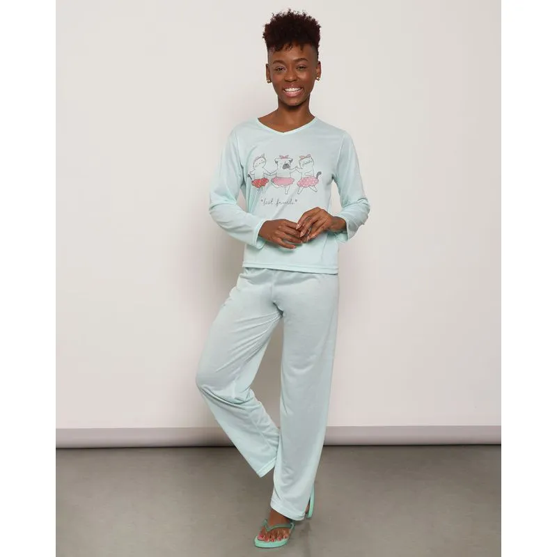 Pijama Feminino Manga Longa Estampa Pets Verde Claro GG