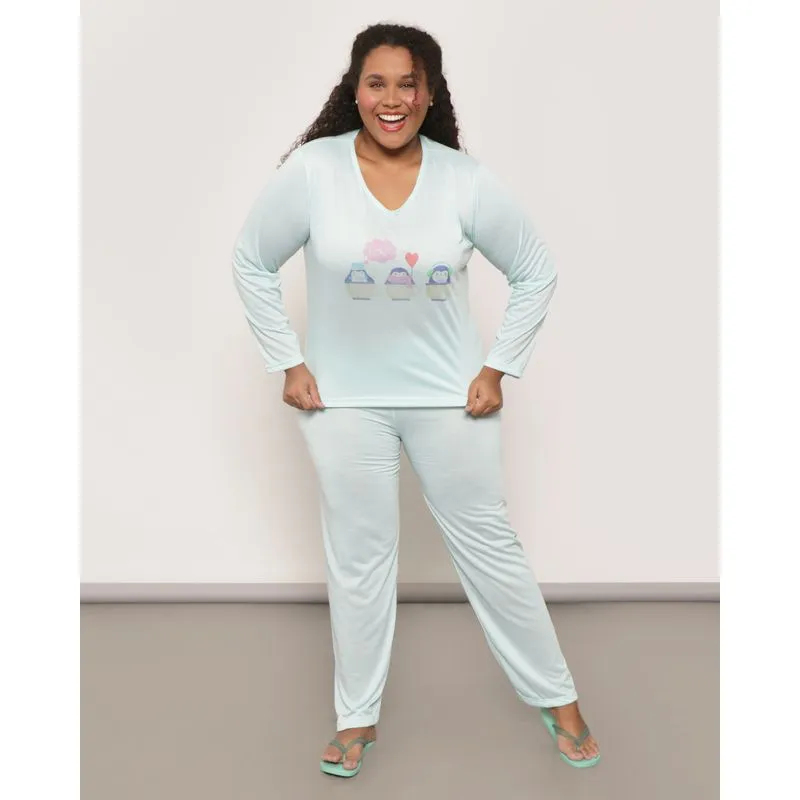 Pijama Plus Size Feminino Longo Com Estampa Verde 48