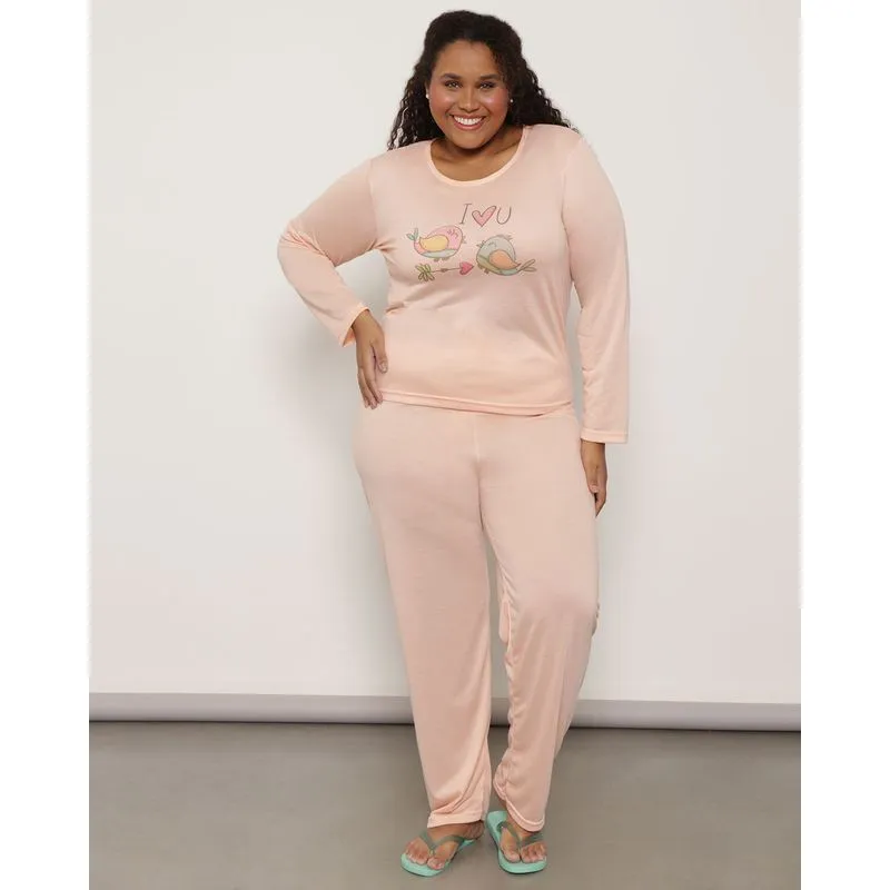 Pijama Plus Size Feminino Longo Com Estampa Laranja 48