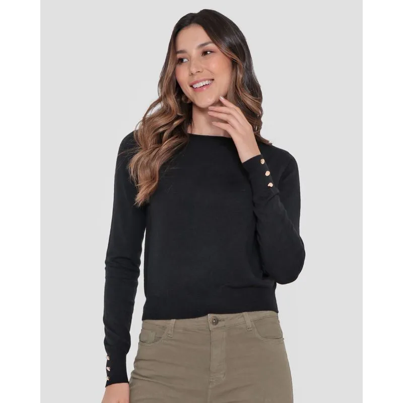 Suéter Feminino Tricô Manga Longa Com Botões Preta P