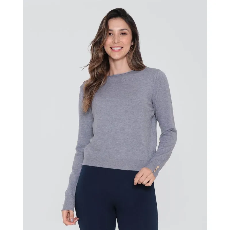 Suéter Feminino Tricô Manga Longa Com Botões Cinza GG