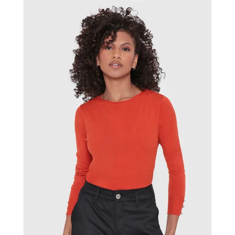 Suéter Feminino Tricô Manga Longa Com Botões Laranja G