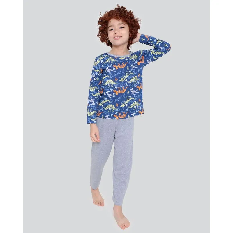 Pijama Infantil Longo Estampa Dinossauros Azul 10