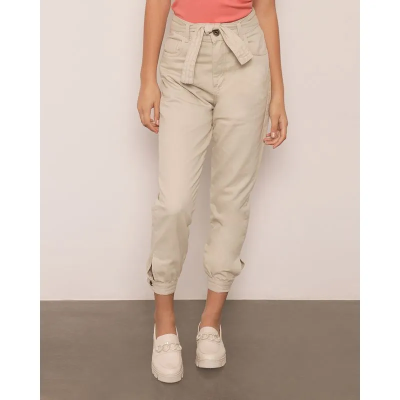 Calça Feminina Mom Sarja Com Faixa Amarração Bege 44