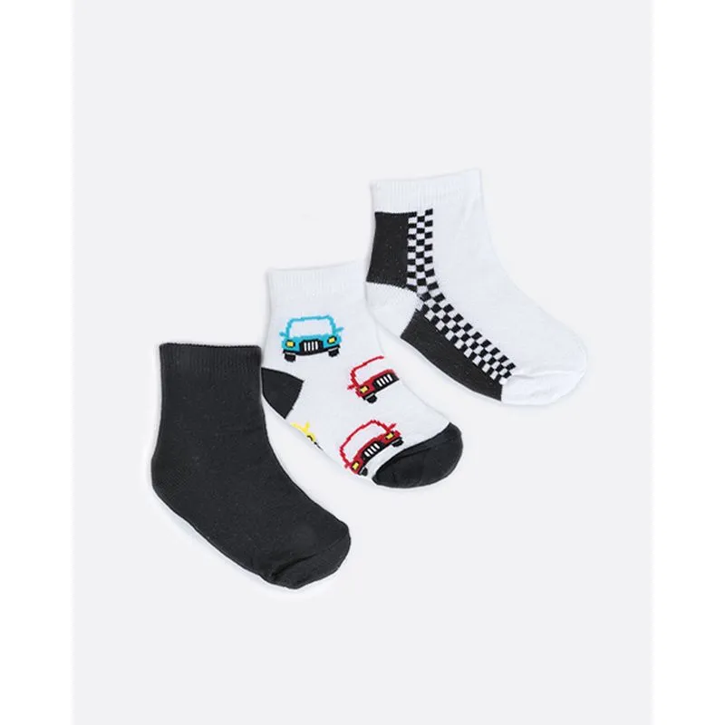 Kit Meia Infantil 3 Pares Estampa Carros Branca Preta 23 A 26