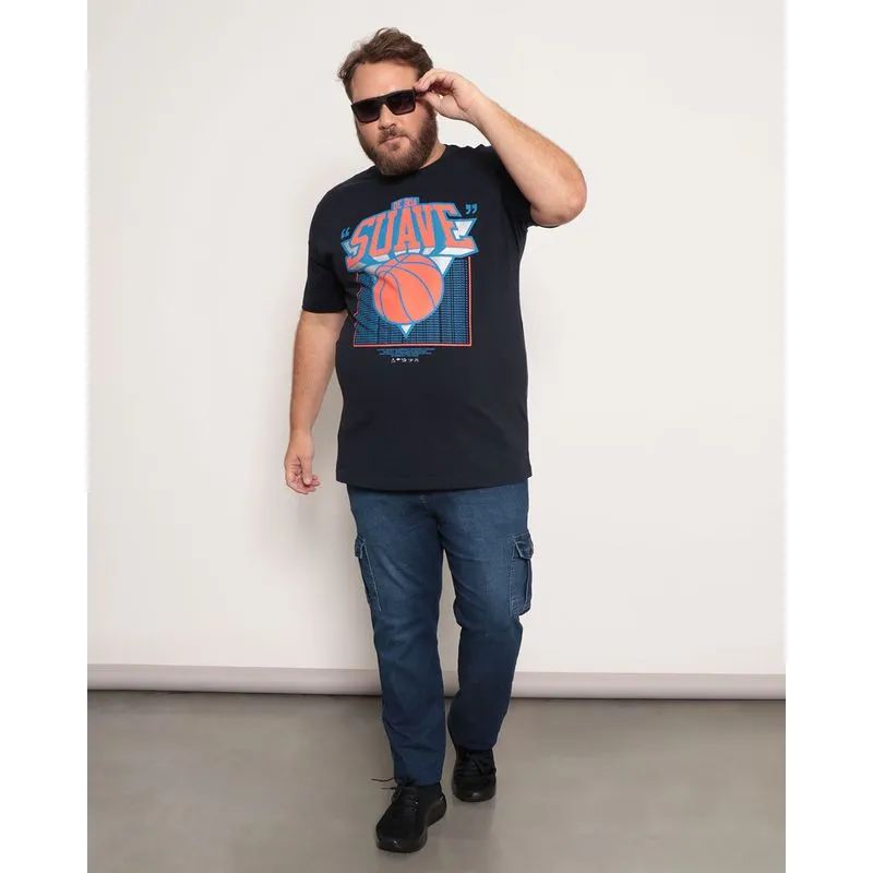 Calça Jeans Masculina Plus Size Bolso Cargo Azul 48