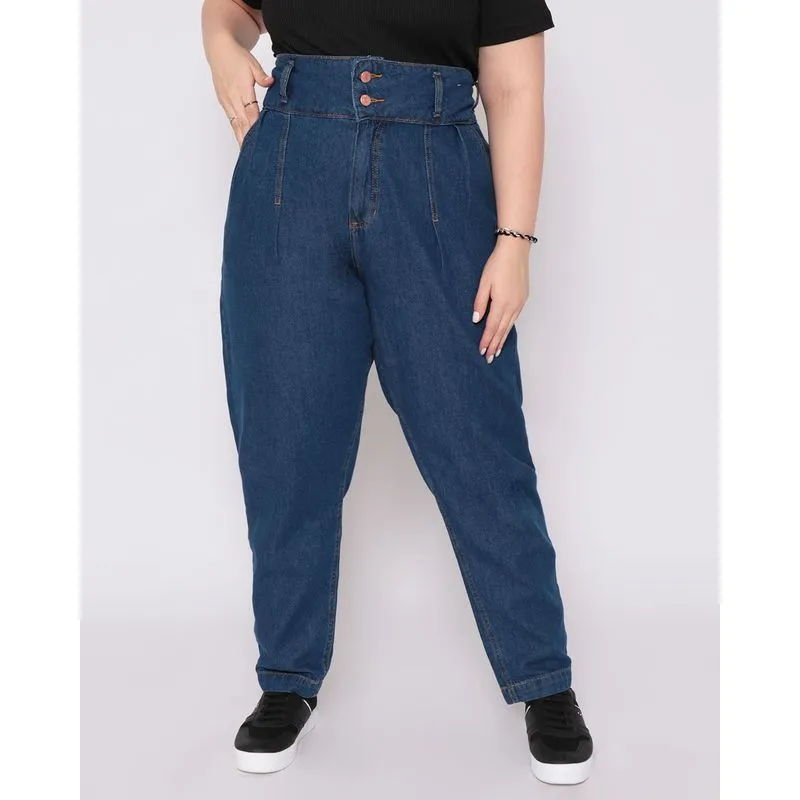 Calça Jeans Mom Plus Size Cintura Super Alta Azul 54
