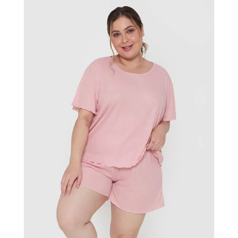 Pijama Feminino Plus Size Curto Canelado Rosa Claro 50