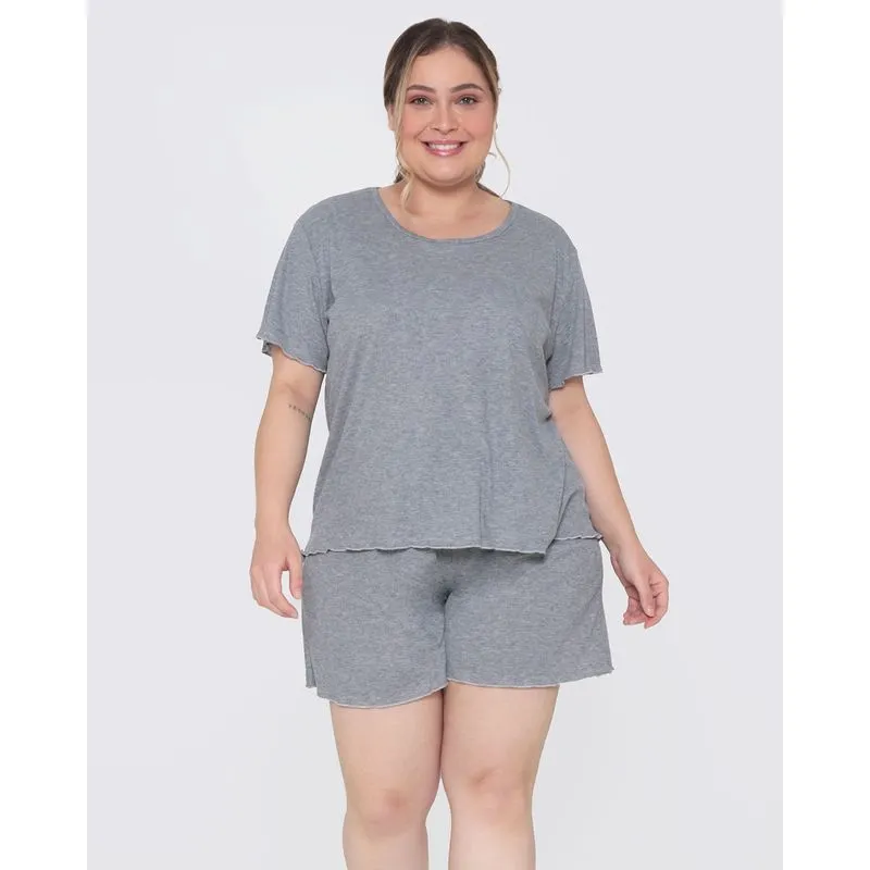 Pijama Feminino Plus Size Curto Canelado Cinza 52