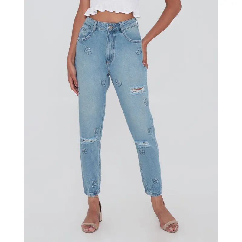 Calça Jeans Feminina Mom Destroyed Azul 44