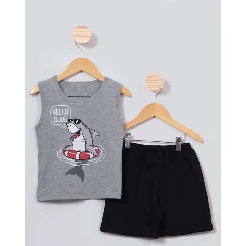 Conjunto Bebê Moletinho Regata Estampa Tubarão Cinza 1