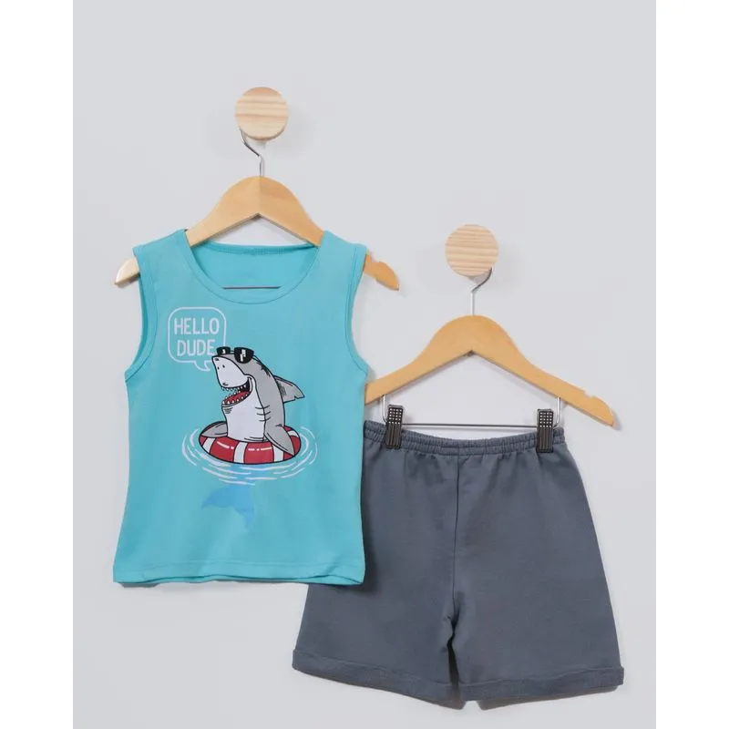 Conjunto Bebê Moletinho Regata Estampa Tubarão Azul Claro 2