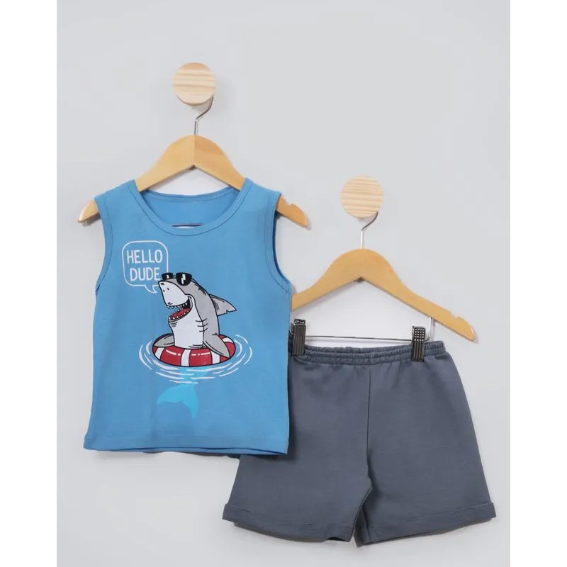 Conjunto Bebê Moletinho Regata Estampa Tubarão Azul 2