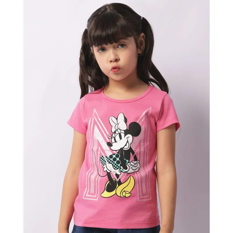 Blusa Infantil Disney Estampa Minnie Com Glitter Manga Curta Rosa 8