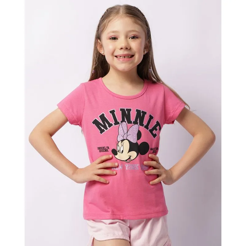 Camiseta Infantil Disney Minnie Com Glitter Manga Curta Rosa 6