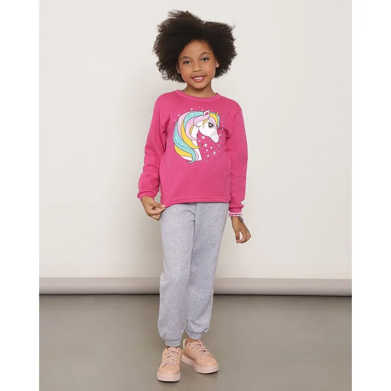 Conjunto Moletom Infantil Manga Longa Estampa Unicórnio Rosa 4