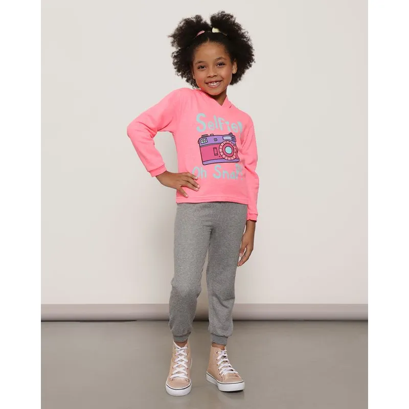 Conjunto Moletom Infantil Estampa Selfie Oh Snap Cinza e Rosa Neon 8