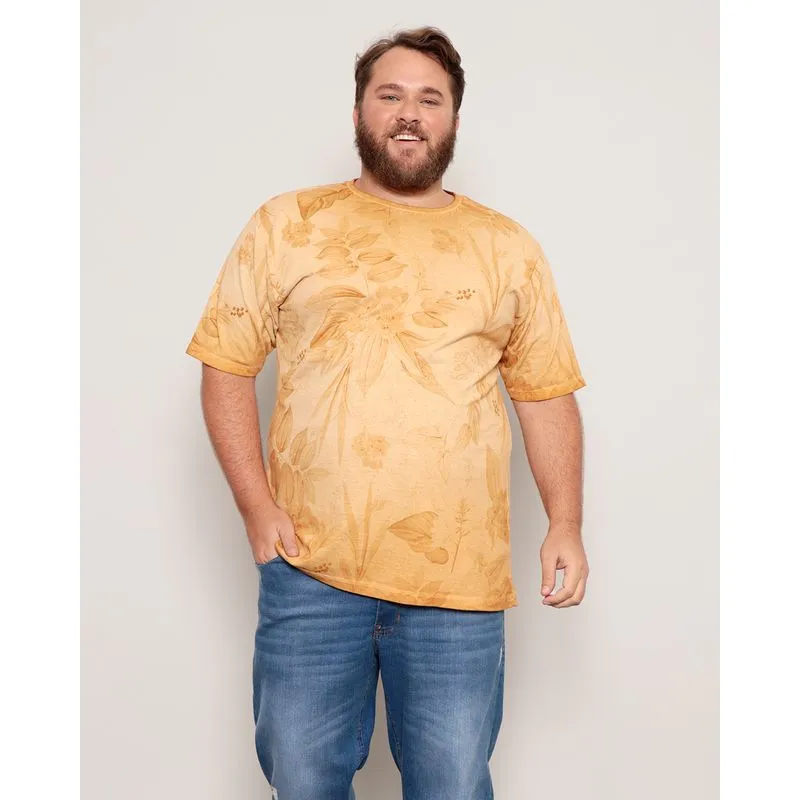 Camiseta Masculina Plus Size Estampa Floral Mostarda G1