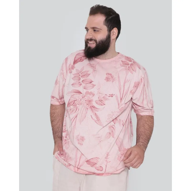 Camiseta Masculina Plus Size Estampa Floral Rosa G1