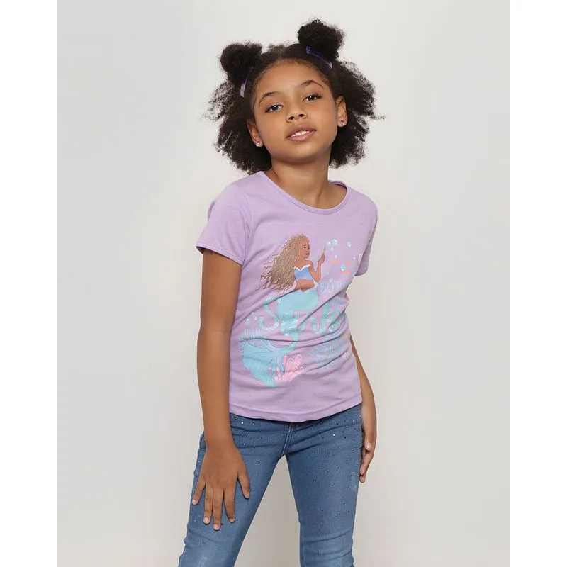 Blusa Infantil Manga Curta Pequena Sereia Disney Lilás 10