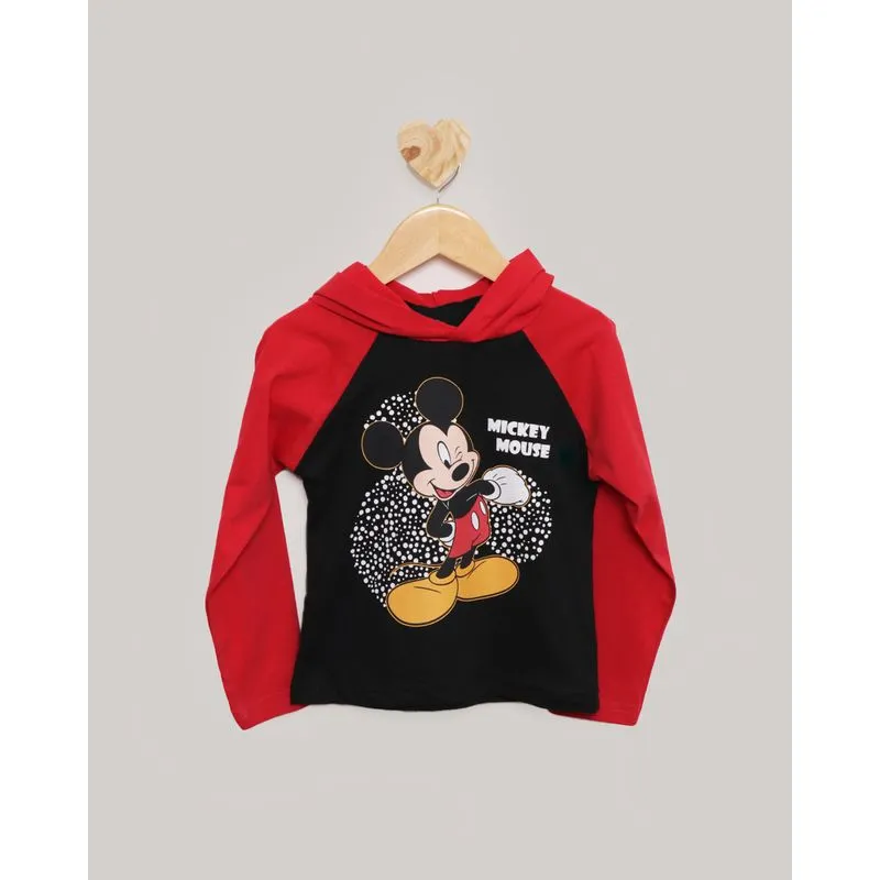 Camiseta Bebê Disney Mickey Manga Longa com Capuz Preta 2