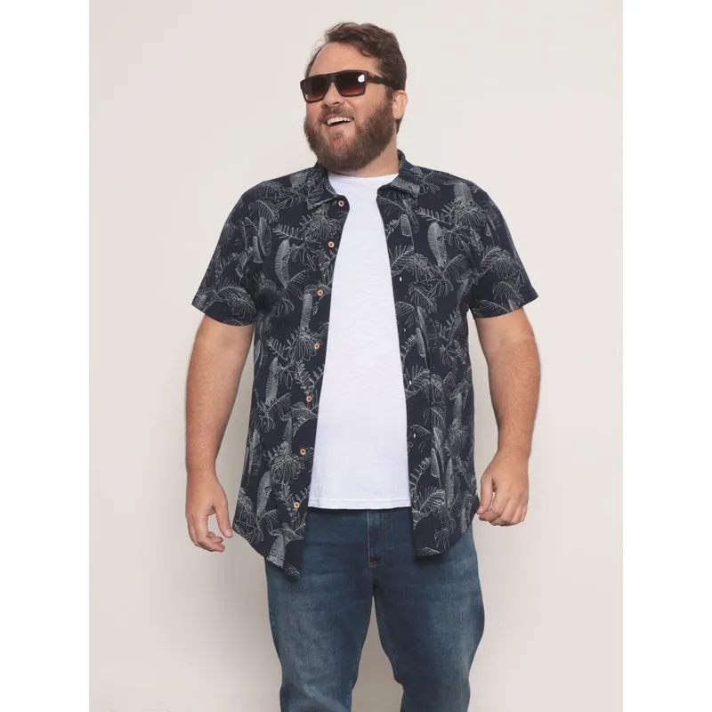 Camisa Masculina Plus Size Folhagem Marinho G2