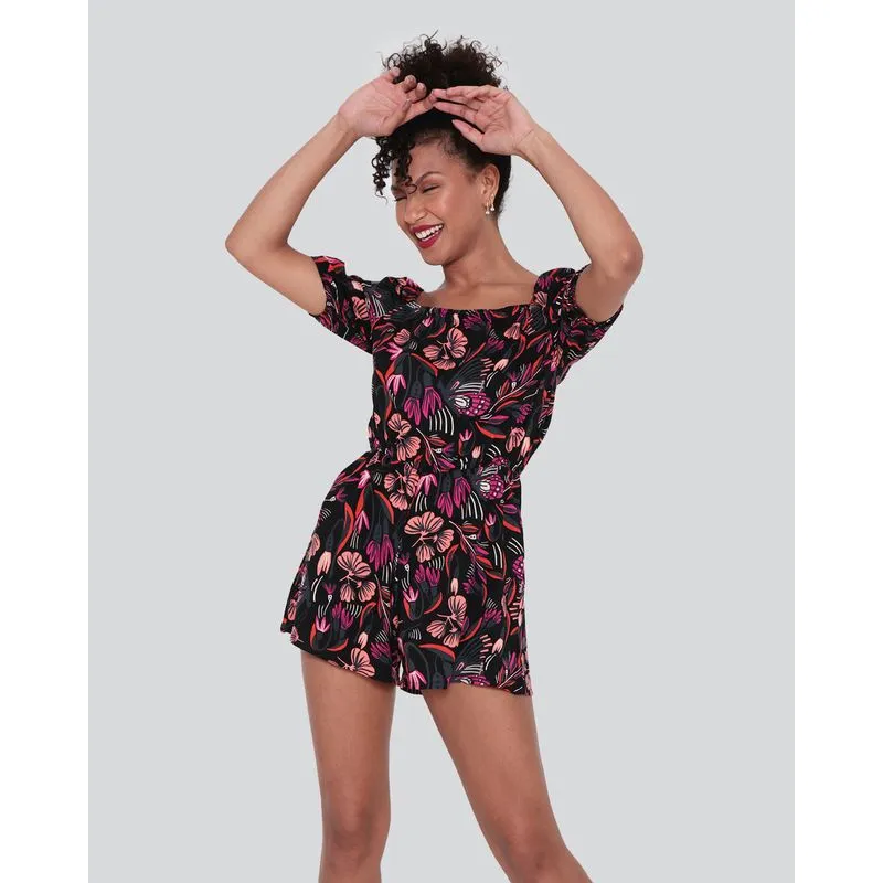 Macaquinho Feminino Ciganinha Estampa Floral Preto P