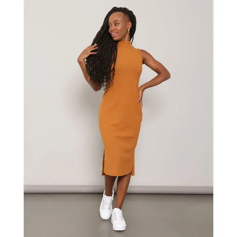 Vestido Feminino Midi Canelado Marrom Claro P