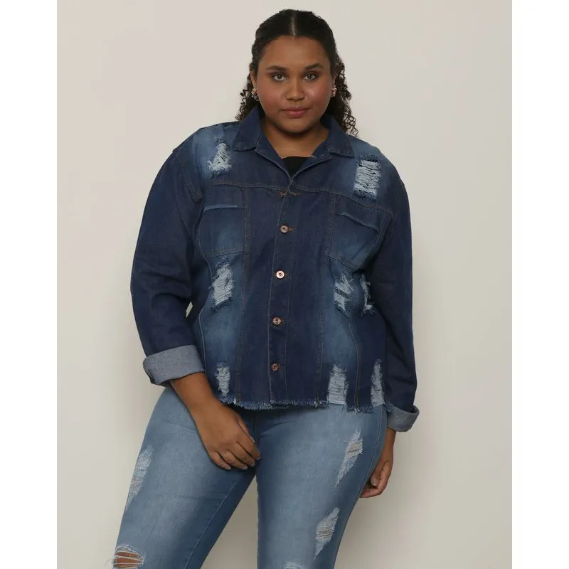 Jaqueta Jeans Plus Size Feminina Destroyed Azul G3