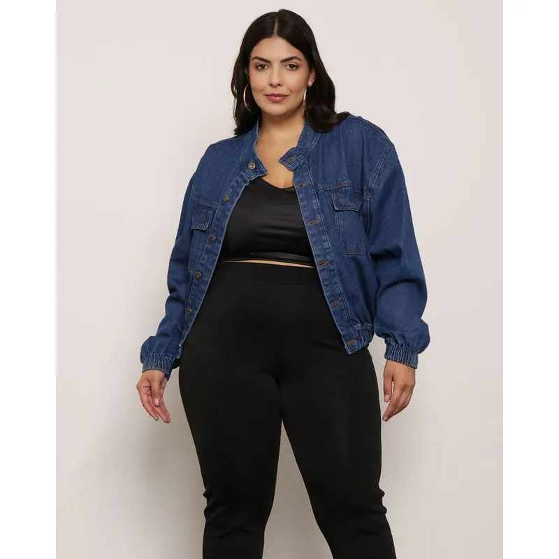 Jaqueta Jeans Feminina Plus Size Com Elástico Azul G2