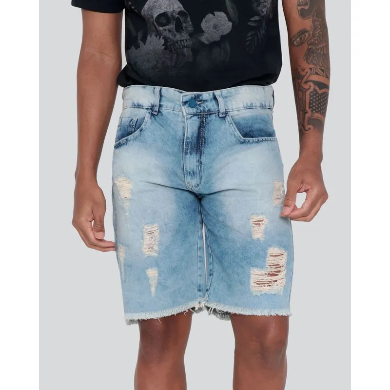 Bermuda Jeans Masculina Destroyed Barra Desfiada Azul Claro 46