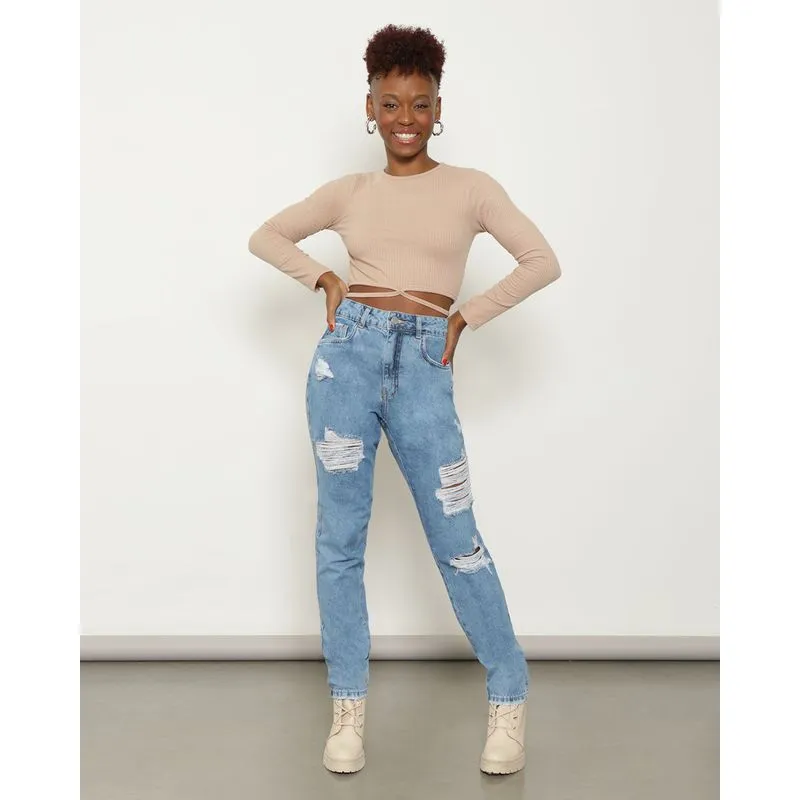 Calça Jeans Feminina Mom Destroyed Azul 36