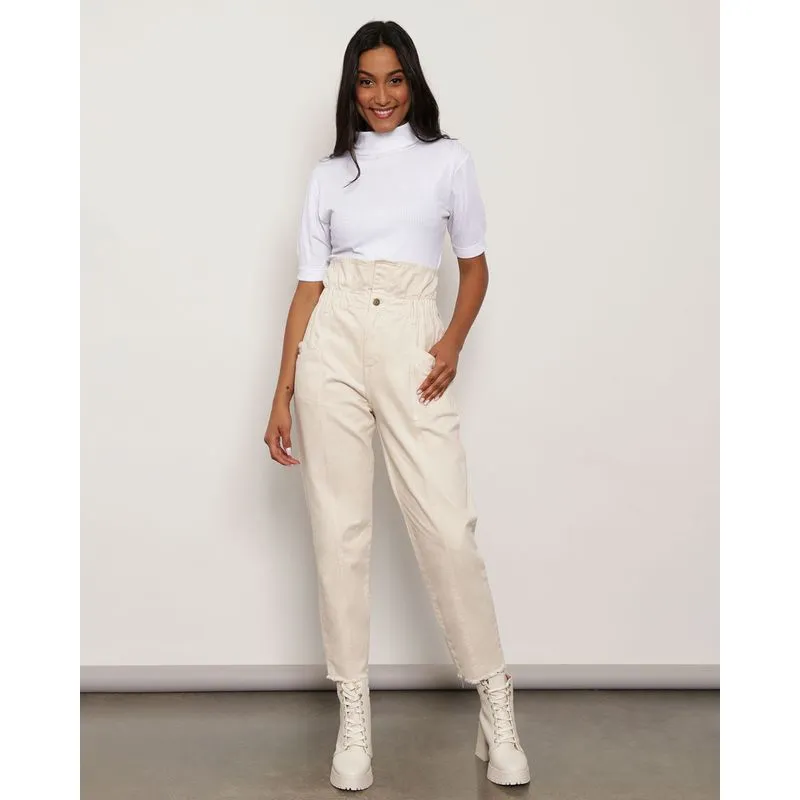 Calça Sarja Feminina Clochard Barra Desfiada Bege 38