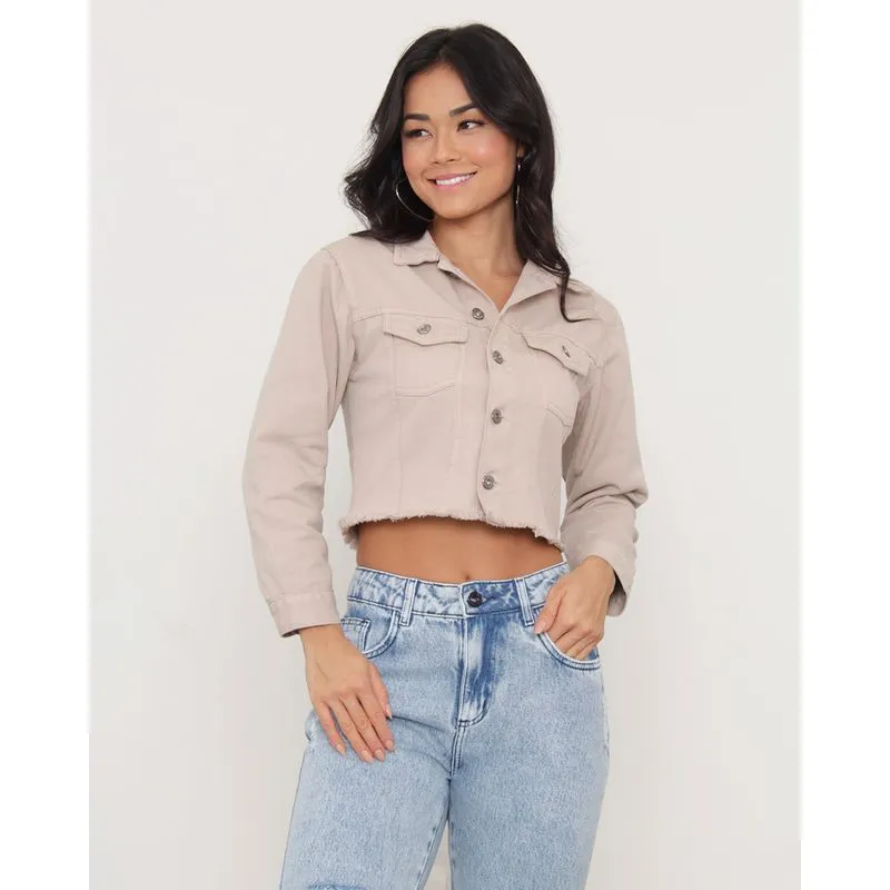 Jaqueta Cropped Sarja Feminina Barra Desfiada Bege UN