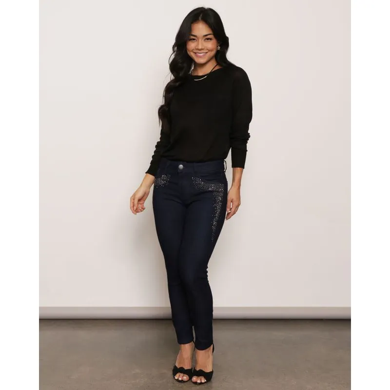 Calça Jeans Feminina Com Aplique Brilhoso Azul 13121001950045UN